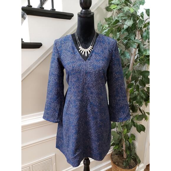 Gap Women's Blue & White 100% Polyester V-Neck Long Sleeve Knee Length Dress XS